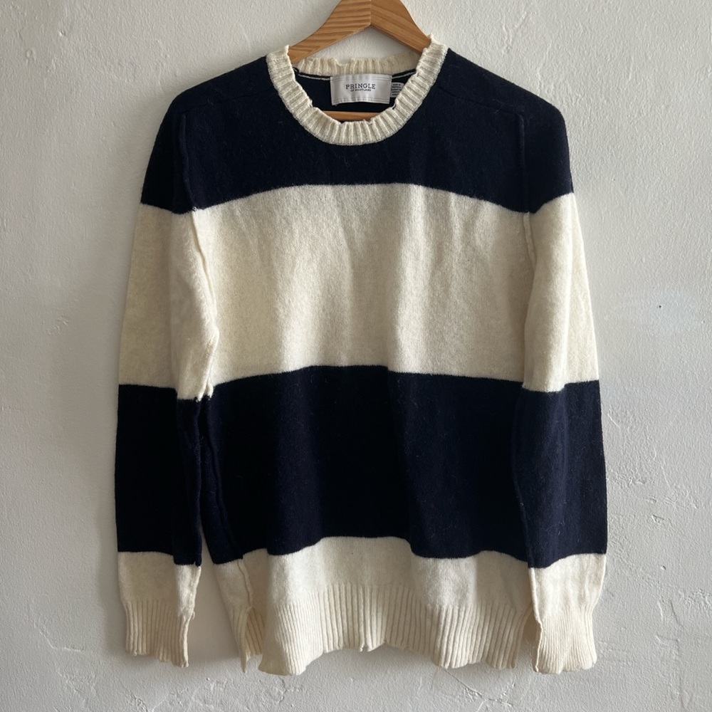 Pringle of Scotland Cream and Navy Blue Crewneck Sweater